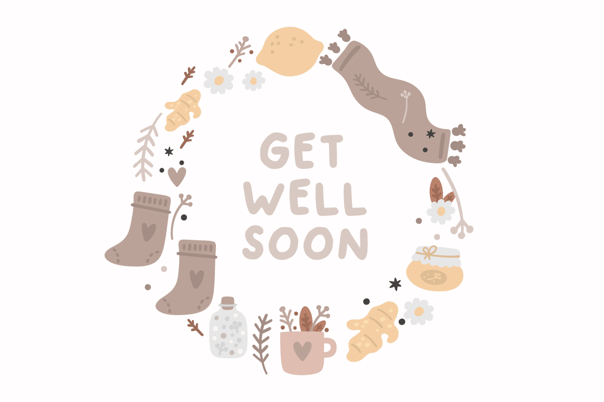 "Get Well Soon" beige text in a circle of various fall items