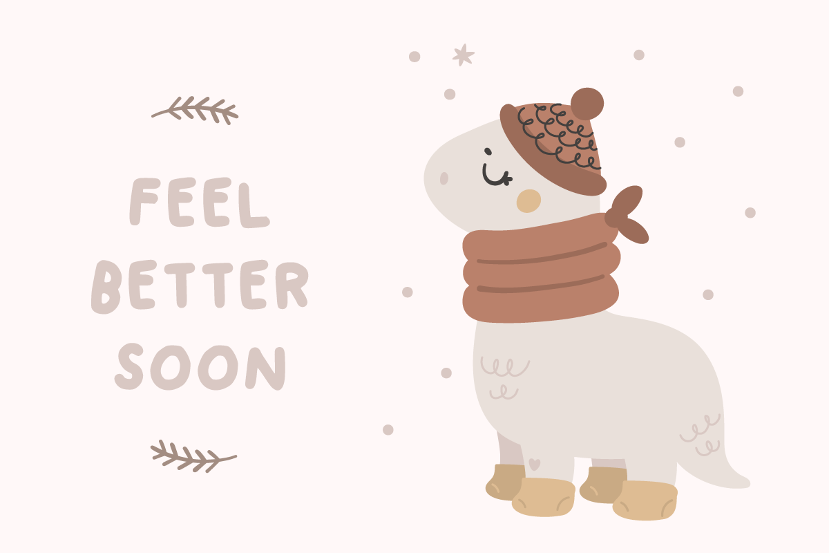 animal wearing hat and scarf on a beige background next to a get well soon text