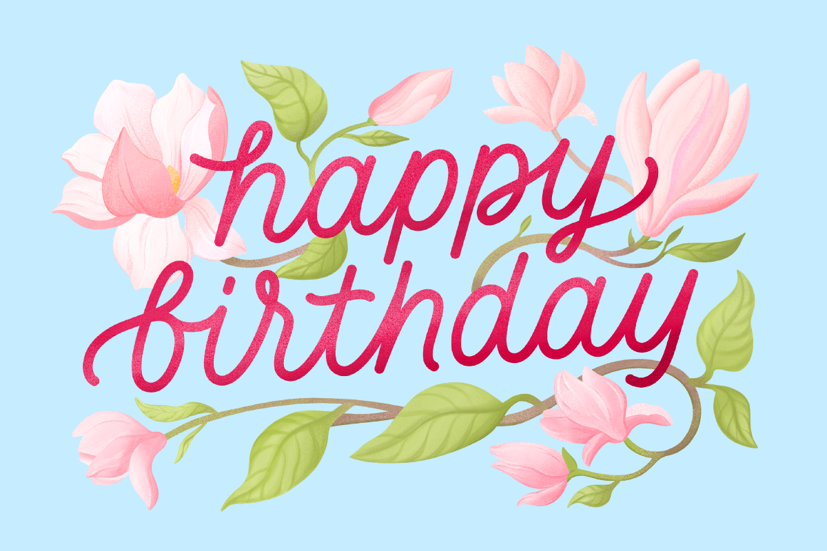 540×360-happyb1 "Happy Birthday" with pink flowers on ablue background