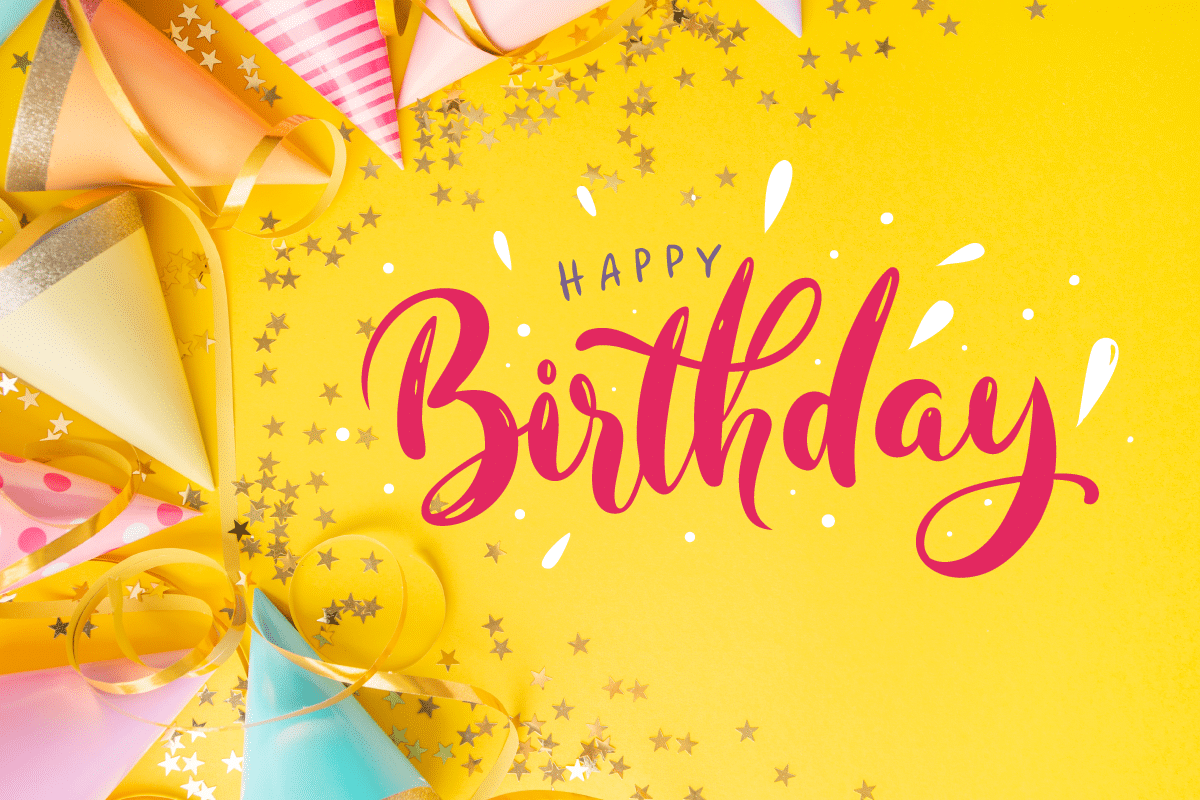 540×360-happyb1 confetti and party hats on a yellow background with happy brithday text in red